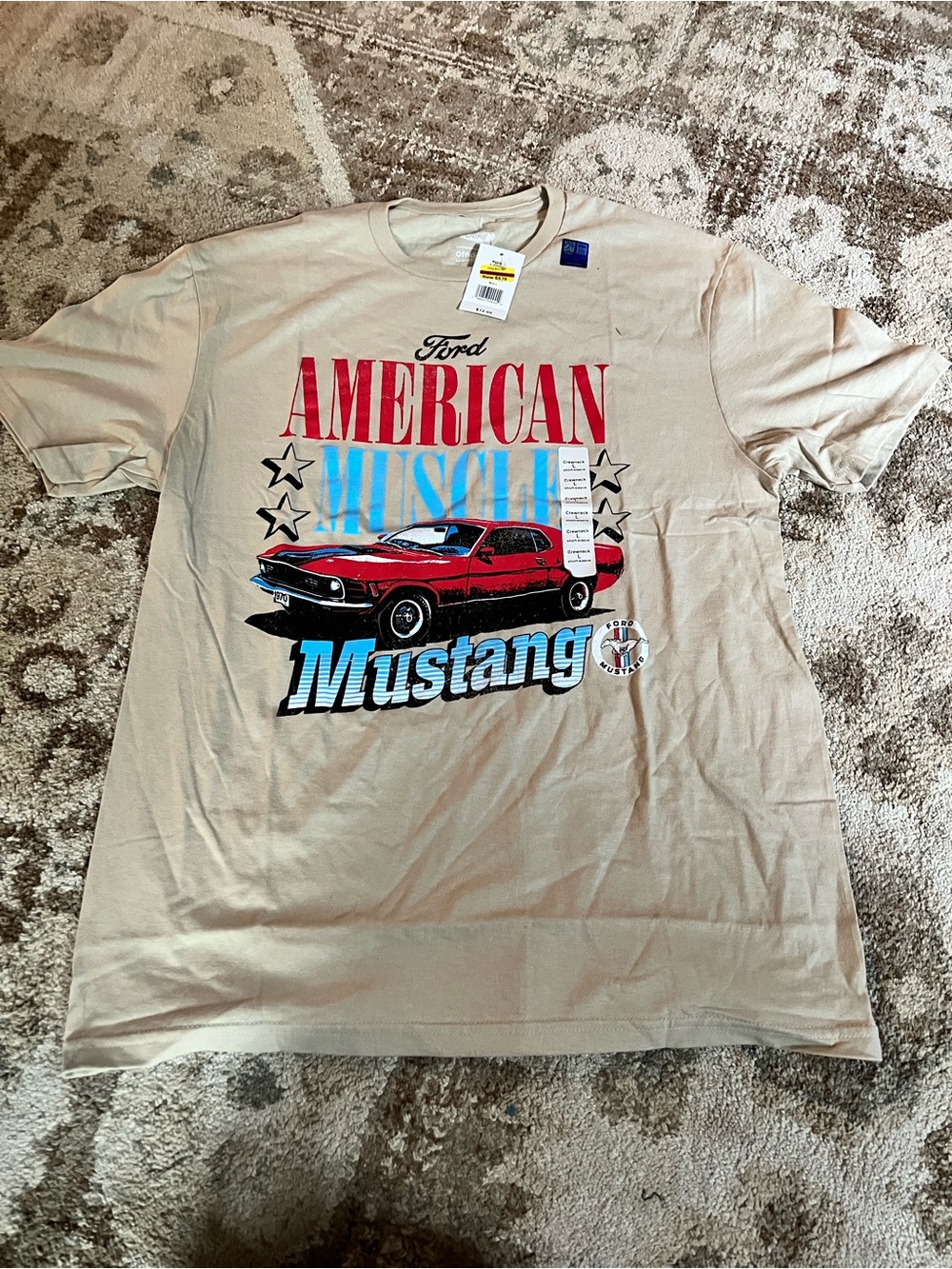 Ford Beige Mustang Graphic Short Sleeve Tee with Red & Blue Print